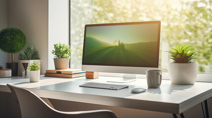 Fototapeta Hyper - realistic image of a modern home office setup: iMac on a clean, minimalist, white desk, a green succulent plant to the right, sunlit room with soft, natural light streaming in from a nearby wi obraz
