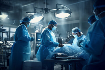 Obraz na płótnie Canvas Highly detailed, hyper - realistic photograph of a hospital operation theater, filled with pristine medical equipment gleaming under the sterile white light. Foreground focused on a surgeon, mid 40's,
