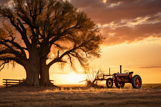 Hyperrealistic photograph of a golden wheat field at sunset, with an old, weathered tractor in the foreground, farmer in denim overalls diligently working the land, large oak tree providing shade in t
