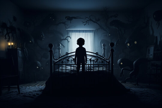 Nightmares, bad dreams. Terrible, scared, fear, unhappy, spooky, creepy and afraid. Childhood horrors, monsters, ghosts, devil. Dark, night, bedroom, bed and pilow