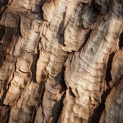Macro shot of tree bark: intricate texture, contrasting light and shadow, raw, organic patterns