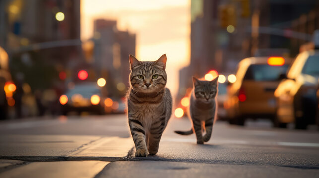 A Pair of Cats Wandering Down a Street in the Evening. Generative AI