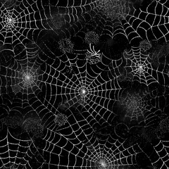 Seamless pattern of white Halloween spider webs on black background. Perfect for creating a spooky and festive atmosphere. AI generated image.