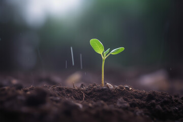 Green seedling growing on the ground in the rain. Concept of the save, generative ai