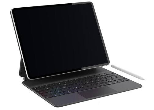Tablet on a stand with keyboard and pen, 3d illustration