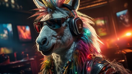 Fototapeta na wymiar Unicorn DJ wearing headphones and sunglasses