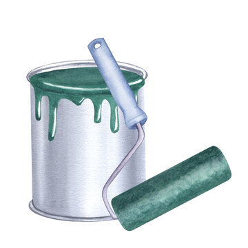 green paint can roller watercolor clip art preview