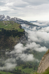 Fog in the Appenzell area seen from the top of the mount hoher Kasten in Switzerland
