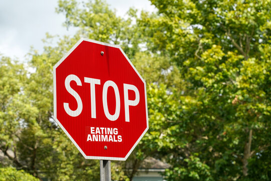 Stop eating animals street sign