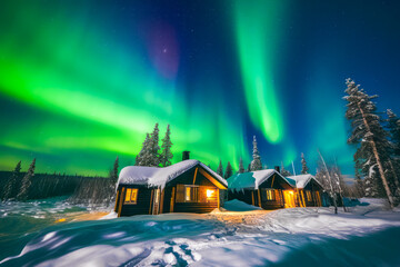 Above the dense forest, the captivating Aurora borealis paints a celestial masterpiece, enhancing the charm of the wooden house below. Generative AI.