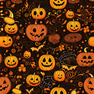 Seamless pattern of orange Halloween pumpkins, bats and spiderwebs on black background for fabric, wallpaper or home decor. Children's illustration in cartoon style. AI generated image.