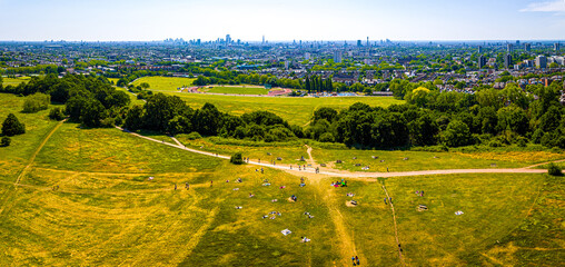 Aerial view of Hampstead Heath, a grassy public space and one of the highest points in London, England - obrazy, fototapety, plakaty