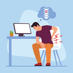 Vector illustration of a boy suffering from back pain. Cartoon scene with a guy working at a computer in the office and his back hurts from sitting at the desk isolated on a blue background.