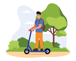 Vector illustration of a handsome guy on an electric scooter. artoon scene with a smiling guy riding an electric scooter with a briefcase in a park with sky and clouds, trees, bushes.