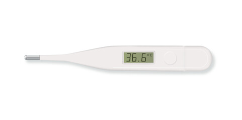 Celsius electronic medical thermometer for measuring set closeupisolated. Fever normal 36.6. Design template of digital thermometer showing temperature. Top view3d realistic.Vector