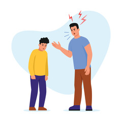 Vector illustration of an angry father yelling at his son. Cartoon scene with a father arguing and gesturing to his upset son isolated on white background. Relationships between parents and children.