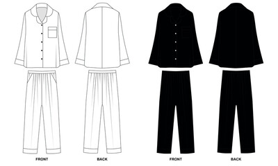 A collection of vector drawings of pajamas in white and black. A set of silk sleep shirt and pants. Template long sleeve shirt and elastic band pants front and back view.