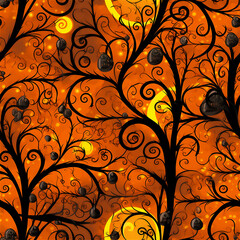 Seamless Halloween pattern of black trees silhouettes on orange background for fabric, wallpaper or home decor. Children's illustration in cartoon style. AI generated image.