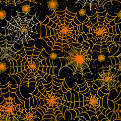 Seamless pattern of orange and yellow Halloween spider webs on black background. Perfect for creating a spooky and festive atmosphere. AI generated image.
