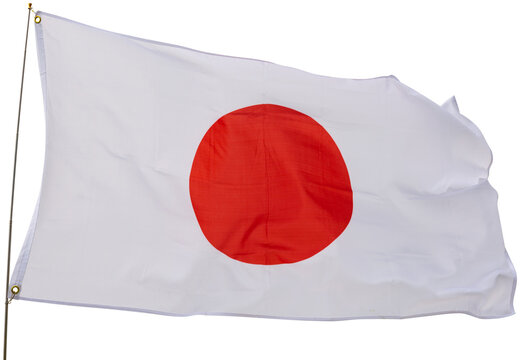 Big flag of Japan fastened on stick. Isolated over white background