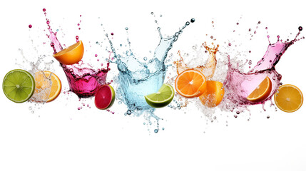 Fototapeta na wymiar Fresh citrus fruits, crystal ice cubes and splashing water on white background. Banner design, summer refreshment concept, Created using generative AI tools.