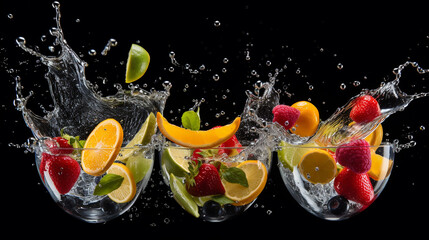 set of cocktail glasses splashing on black background,  Created using generative AI tools.