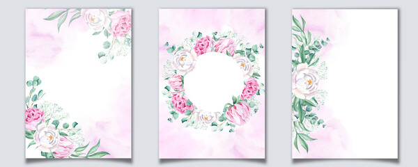 Set of floral background cards. Wedding invitation templates with white and pink peonies, eucalyptus, gypsophila, purple watercolor splashes. For save the date, greeting cards and cover design.