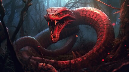 The snake is on a dark forest floor with eyes that are red