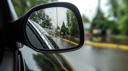 car mirror in rain view from window, generative ai