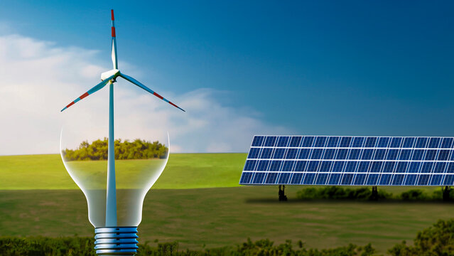Energia aeólica, imagem conceitual de geraqção de energia aeólica e solar e fotovoltaica. Produção de enrgia renovável