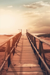 The small wooden bridge over the beach in a sunset, in the style of layered imagery with subtle irony. AI generative