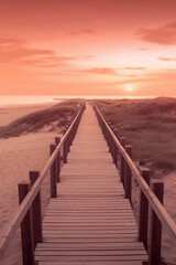 The small wooden bridge over the beach in a sunset, in the style of layered imagery with subtle irony. AI generative