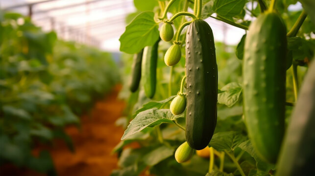 Ripe cucumbers grow on branches in farm greenhouse, generative ai