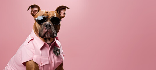 Obraz na płótnie Canvas Mean looking pitbull working as a security officer or cop, wearing police shirt, badge and sunglasses. Guarding dog concept. Wide banner copy space for text right side. Generative AI