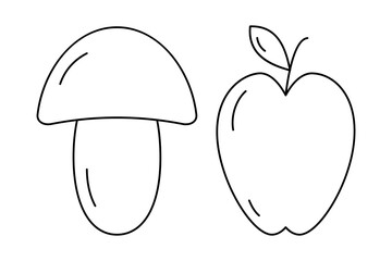 Set of 2 contour drawing seasonal fruit Mushroom and apple with leave. Thanksgiving day. Vector. EPS