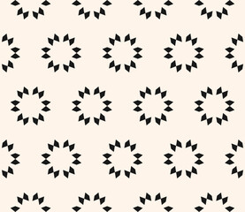 Vector geometric seamless texture. Simple minimal floral pattern. Abstract monochrome background with small shapes, flowers, stars. Black and white repeated design for decor, fabric, print, wallpapers