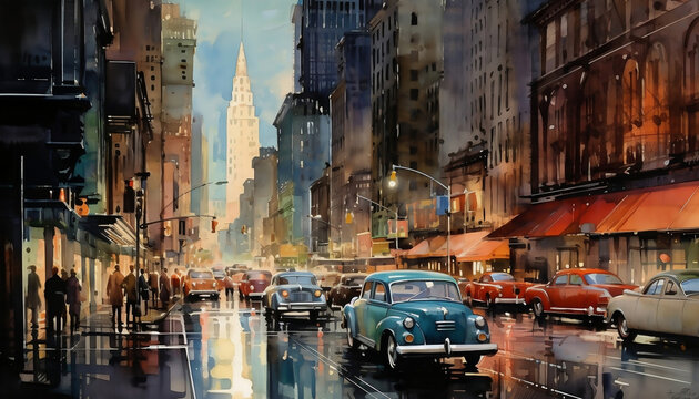 New York City with 1950s cars watercolor