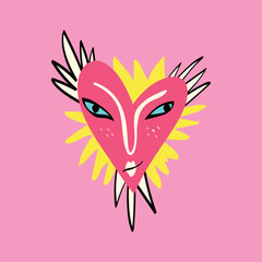 charming heart with a cute face. Freaky quirky heart. Valentines Day Card in modern trendy style