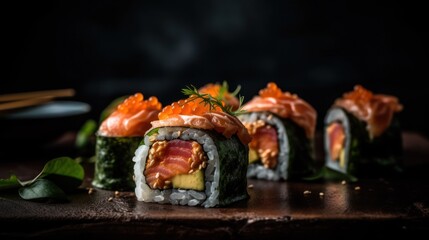 Japanese sushi and rolls. Generative AI