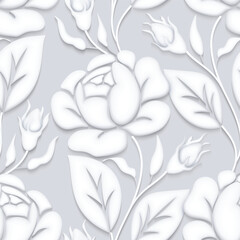 Vintage Seamless Pattern with White Rose Inspired by Stucco. Vintge Floral Motif, Handmade Craft Art. Realistic 3d Imitation. Endless Texture. Vector 3d Illustration