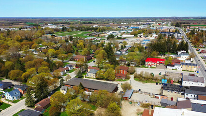 Aerial view of Mount Forest, Ontario, Canada on a spring day