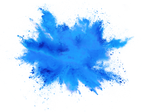 bright cyan blue holi paint color powder festival explosion burst isolated  white background. industrial print concept background