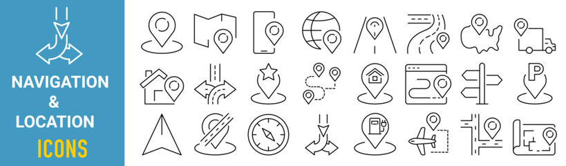 Set of 24 line icons navigation and location. Office Location. Editable vector stroke.