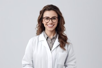 Portrait of beautiful young female doctor in white coat and glasses smiling at camera. - obrazy, fototapety, plakaty