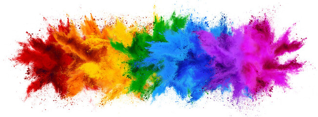 colorful rainbow holi paint color powder explosion with bright colors isolated white wide panorama...