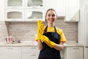 cheerful housekeeper in apron and gloves cleans at home and smiles
