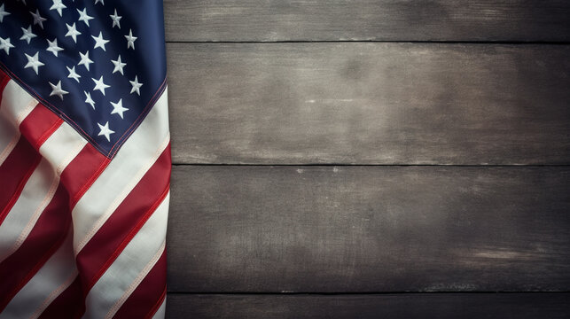 United States of America flag on wooden background with text space. 4th july, independence day celebration concept with copy space, , Memorial Day, Labour Day, generative ai