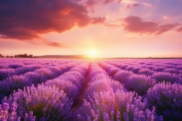 Obraz na płótnie Canvas view of blooming lavender field at sunset, banner design, AI generated
