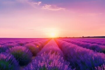 Naklejka na ściany i meble Beautiful view of blooming lavender field at sunset, banner design, AI