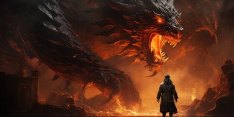 Warrior and a dragon fantasy scene 